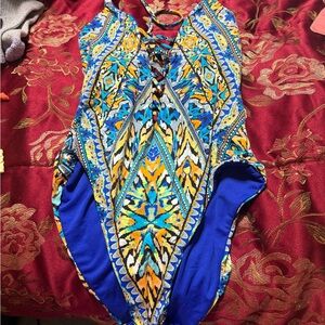 No Boundaries Blue and Yellow Patterned One Piece Swimsuit